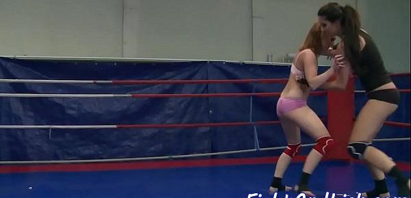  Pussylicking dykes wrestle in a boxing ring